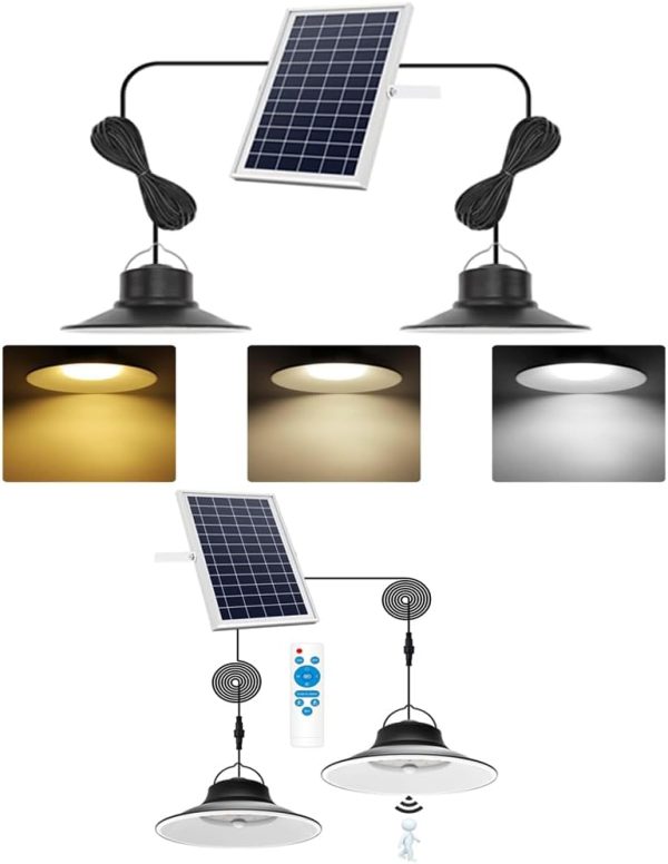 YKLITG 2Pack LED Solar Indoor Lights Outdoors 3 Color Dimmable Lighting with Remote Control & 2 Pack Motion Sensor Solar Pendant Light
