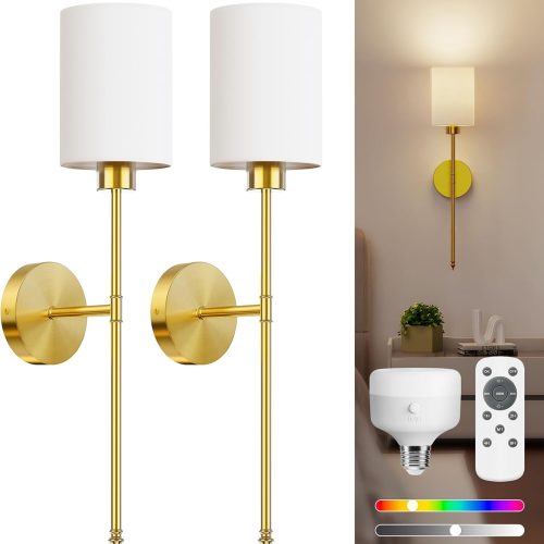 YKLITG 24 inch Battery Operated Wall Sconce Set of 2, Gold Wireless Rechargeable Wall Lights with 5200mAh Dimmable Detachable Bulbs and Remote, 9 Colors Sconces Wall Decor for Bedroom Living Room