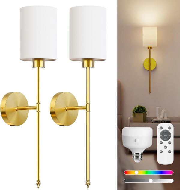 YKLITG 24 inch Battery Operated Wall Sconce Set of 2, Gold Wireless Rechargeable Wall Lights with 5200mAh Dimmable Detachable Bulbs and Remote, 9 Colors Sconces Wall Decor for Bedroom Living Room