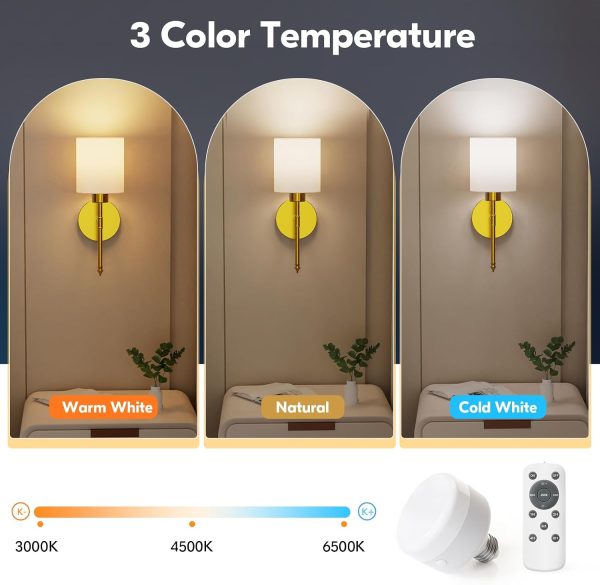 YKLITG 15 inch Battery Operated Wall Sconce Set of 2, Gold Wireless Rechargeable Wall Lights with 5200mAh Dimmable Detachable Bulbs and Remote, 9 Colors Sconces Wall Decor for Bedroom Living Room