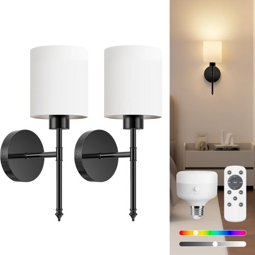 YKLITG 15 inch Battery Operated Wall Sconce Set of 2, Black Wireless Rechargeable Wall Lights with 5200mAh Dimmable Detachable Bulbs and Remote, 9 Colors Sconces Wall Decor for Bedroom Living Room