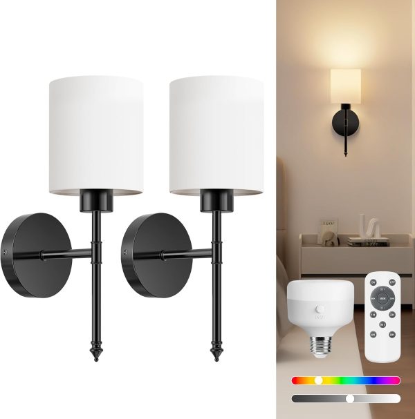 YKLITG 15 inch Battery Operated Wall Sconce Set of 2, Black Wireless Rechargeable Wall Lights with 5200mAh Dimmable Detachable Bulbs and Remote, 9 Colors Sconces Wall Decor for Bedroom Living Room