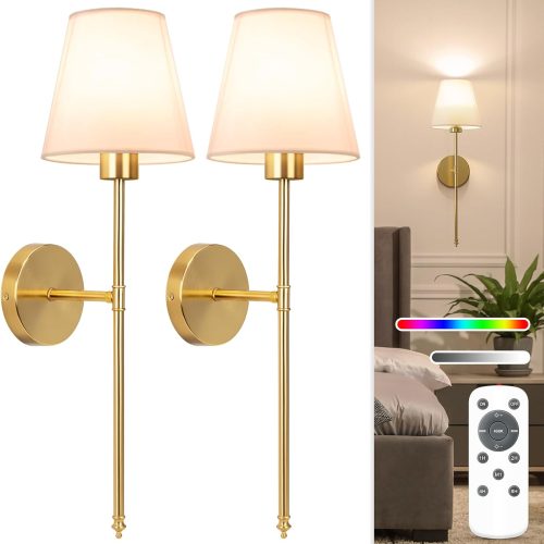 YKLITG Battery Operated Wall Sconce Set of 2,Gold Rechargeable Wall Lights with 10400mAh Dimmable Bulbs and Remote,10 Colors Wireless Wall Lamps for Bedroom Living Room Hallway Decor
