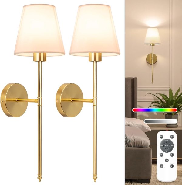 YKLITG Battery Operated Wall Sconce Set of 2,Gold Rechargeable Wall Lights with 10400mAh Dimmable Bulbs and Remote,10 Colors Wireless Wall Lamps for Bedroom Living Room Hallway Decor