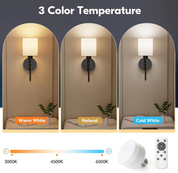 YKLITG 15 inch Battery Operated Wall Sconce Set of 2, Black Wireless Rechargeable Wall Lights with 5200mAh Dimmable Detachable Bulbs and Remote, 9 Colors Sconces Wall Decor for Bedroom Living Room