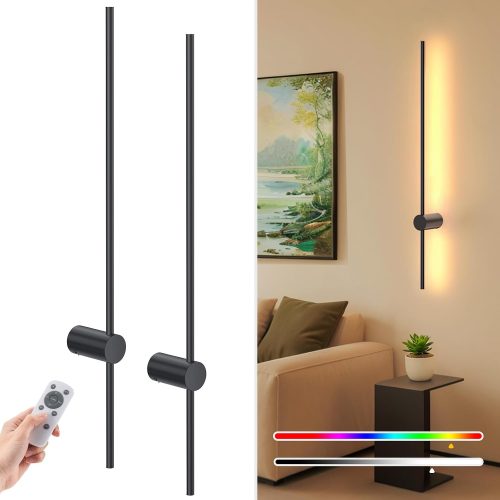 YKLITG 35.4 Inch Battery Operated Wall Sconce Set of 2,Black Minimalist Rechargeable LED Wall Lights with Remote, 10 Colors Dimmable Wireless Wall Sconce for Living Room Bedroom Hallway