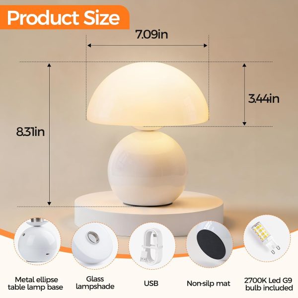 YKLITG Wireless Mushroom Lamp,Table Lamp for Bedroom, Portables Cordless Lamps,Wireless lamp,Small Bedside Table Touch Lamps for Living Room,Mini Mushroom 5200mAh Battery Operated Lamp Modern (White)