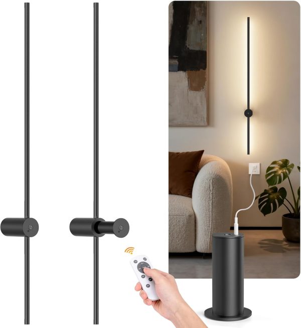 YKLITG Battery Operated Wall Sconce Set of 2, 39 Inch Wireless Wall Sconces with Remote, 3 Color Dimmable Rechargeable Wall Lights, 360 Rotate Detachable Sconces Wall Decor for Bedroom Living Room