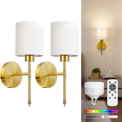 YKLITG 15 inch Battery Operated Wall Sconce Set of 2, Gold Wireless Rechargeable Wall Lights with 5200mAh Dimmable Detachable Bulbs and Remote, 9 Colors Sconces Wall Decor for Bedroom Living Room