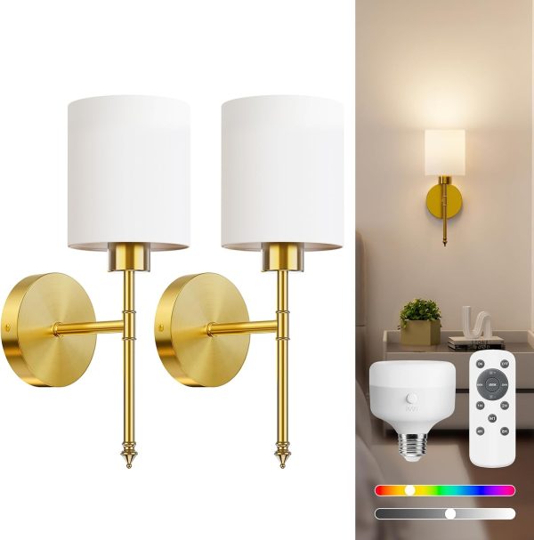 YKLITG 15 inch Battery Operated Wall Sconce Set of 2, Gold Wireless Rechargeable Wall Lights with 5200mAh Dimmable Detachable Bulbs and Remote, 9 Colors Sconces Wall Decor for Bedroom Living Room