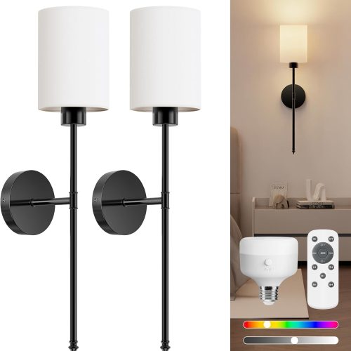 YKLITG 24 inch Battery Operated Wall Sconce Set of 2, Black Wireless Rechargeable Wall Lights with 5200mAh Dimmable Detachable Bulbs and Remote, 9 Colors Sconces Wall Decor for Bedroom Living Room