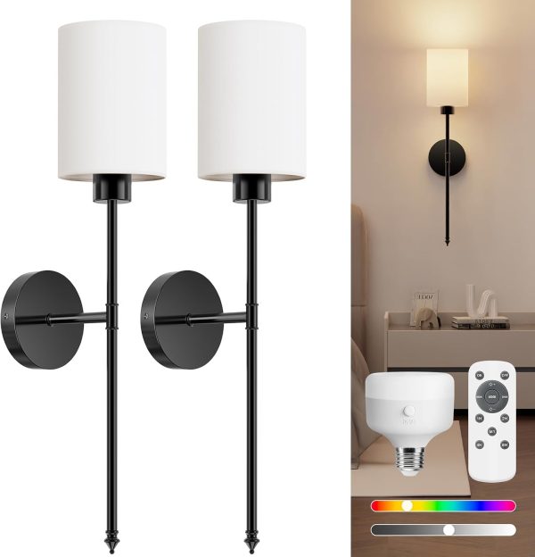 YKLITG 24 inch Battery Operated Wall Sconce Set of 2, Black Wireless Rechargeable Wall Lights with 5200mAh Dimmable Detachable Bulbs and Remote, 9 Colors Sconces Wall Decor for Bedroom Living Room