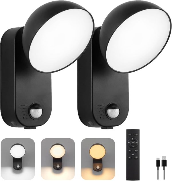 YKLITG Battery Operated Outdoor Lights, 10000mAh Rechargeable, 120 Days/Charge, 3 Modes, 3 Brightness, IP65 Wireless Outdoor Security Motion Light for Patio Porch Garage, 2 Pack