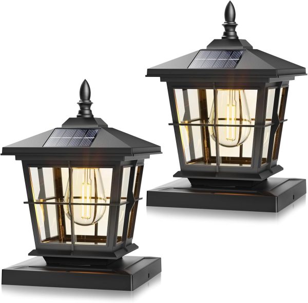 YKLITG 4x4 Post Solar Lights with 3 Color Temps, Edison Bulb, 2 Pack Black