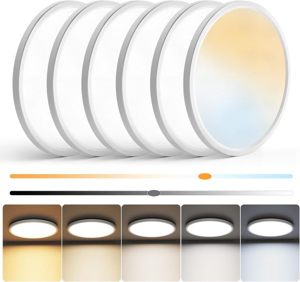 YKLITG 12 inch Flush Mount LED Ceiling Light Fixture, Dimmable 3000K-6500K Adjustable Lights, Ultra Thin White Round Lamp, 24W Ceiling Lights for Hallway, Kitchen, Bedroom, 6 Pack
