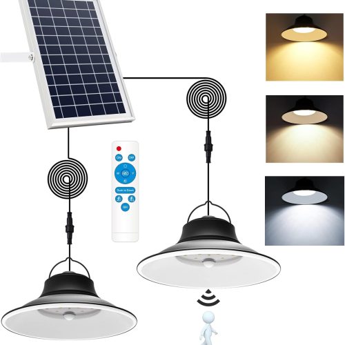 YKLITG Solar Pendant Light, Upgraded Motion Sensor Light Outdoor Solar Lights Indoor Dimmable with Remote 3000K/4500K/6000K, 2x16.4ft Cable IP65 Waterproof for Shed, Barn, Gazebo, Patio(2 Pack)