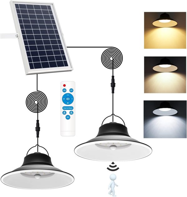 YKLITG 2Pack LED Solar Indoor Lights Outdoors 3 Color Dimmable Lighting with Remote Control & 2 Pack Motion Sensor Solar Pendant Light