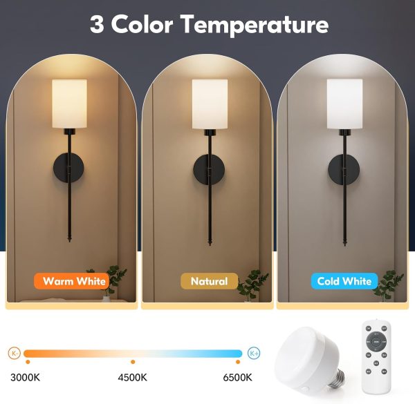 YKLITG 24 inch Battery Operated Wall Sconce Set of 2, Black Wireless Rechargeable Wall Lights with 5200mAh Dimmable Detachable Bulbs and Remote, 9 Colors Sconces Wall Decor for Bedroom Living Room