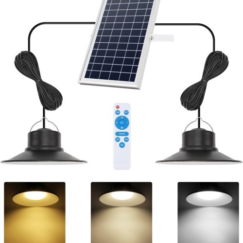YKLITG Solar Indoor Lights Outdoor, LED Solar Pendant Lights 3 Color Dimmable Lighting with Remote Control, Gazebo Lights,2x16.4ft Cable IP65 Waterproof for Garden, Patio, Garage, Camp(2 Pack)