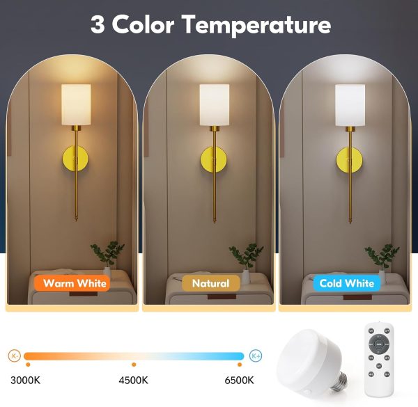 YKLITG 24 inch Battery Operated Wall Sconce Set of 2, Gold Wireless Rechargeable Wall Lights with 5200mAh Dimmable Detachable Bulbs and Remote, 9 Colors Sconces Wall Decor for Bedroom Living Room
