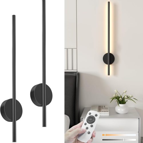 YKLITG 28 Inch Battery Operated Wall Sconce Set of 2, 360 Rotation Dark Black Rechargeable Wall Lights with Detachable Tube and Remote, 3CCT Dimmable Wall Lamp for Living Room Bedroom Hallway