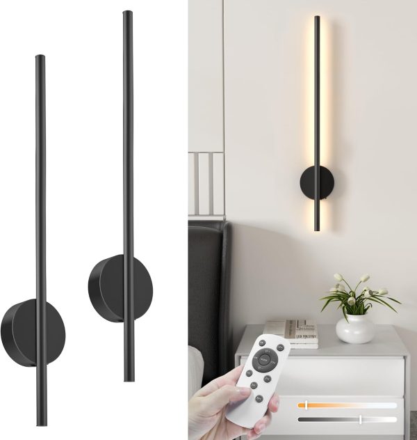YKLITG 28 Inch Battery Operated Wall Sconce Set of 2, 360 Rotation Dark Black Rechargeable Wall Lights with Detachable Tube and Remote, 3CCT Dimmable Wall Lamp for Living Room Bedroom Hallway