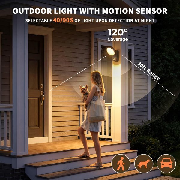 YKLITG Battery Operated Outdoor Lights, 10000mAh Rechargeable, 120 Days/Charge, 3 Modes, 3 Brightness, IP65 Wireless Outdoor Security Motion Light for Patio Porch Garage, 2 Pack