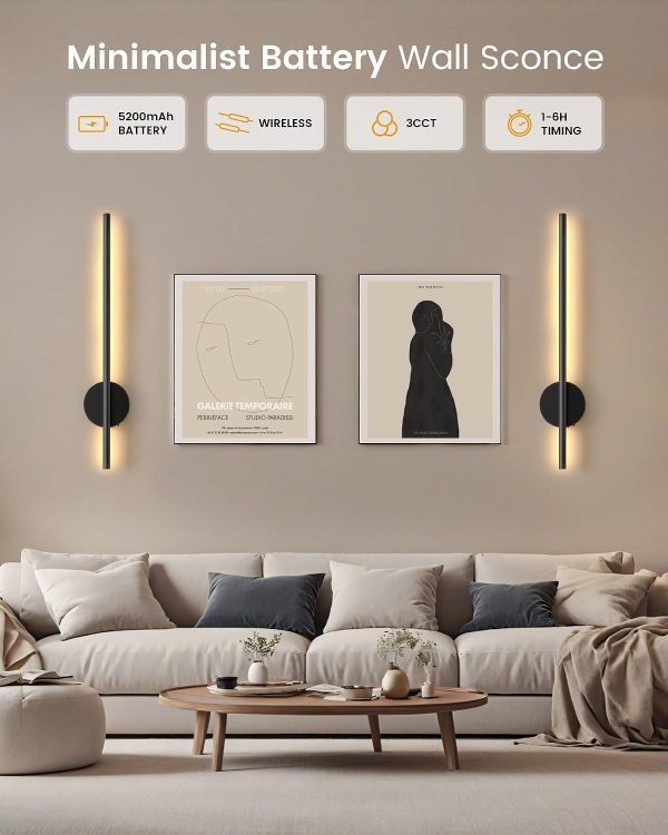 YKLITG 28 Inch Battery Operated Wall Sconce Set of 2, 360 Rotation Dark Black Rechargeable Wall Lights with Detachable Tube and Remote, 3CCT Dimmable Wall Lamp for Living Room Bedroom Hallway