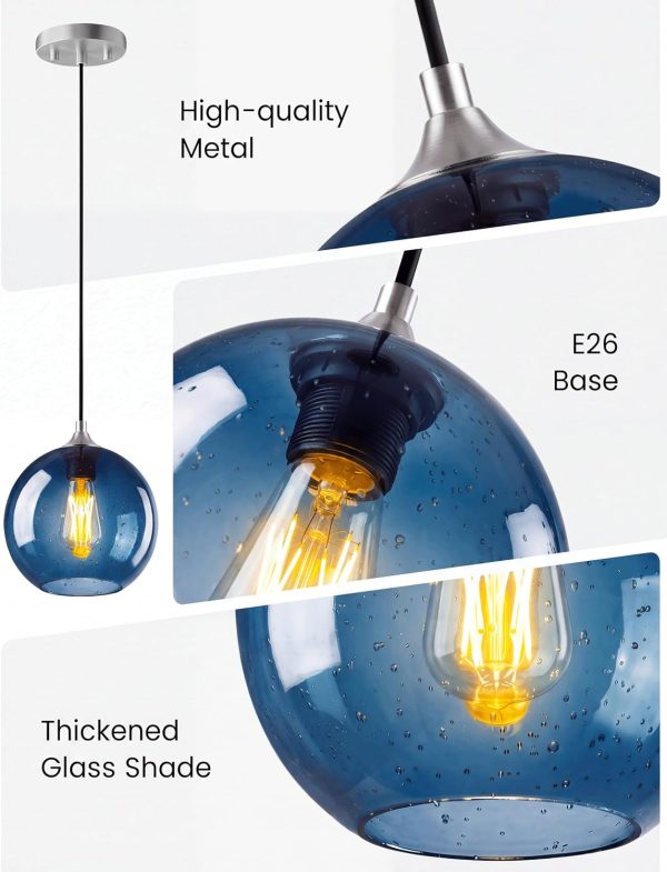 YKLITG Pendant Lights Kitchen Island 3 Pack, Blue Glass Pendant Light Fixtures with Clear Globe Shade, Adjustable Height Design, Modern Kitchen Island Lighting for Dining Room, Bedroom (7.87in)