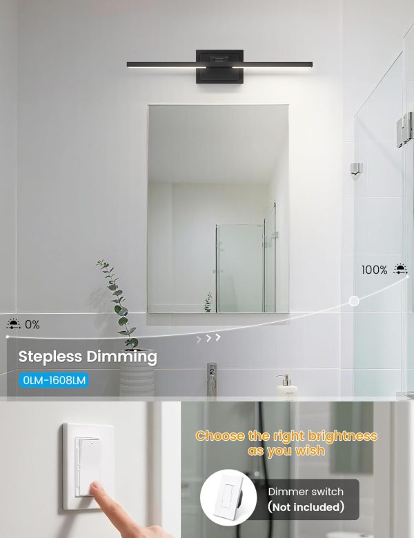 YKLITG 24 Inch Modern Bathroom Light Fixture, 24W 5CCT Dimmable LED Black Bathroom Vanity Lights Over Mirror, Vanity Lights for Bathrooms Restroom Mirror- ETL Certified