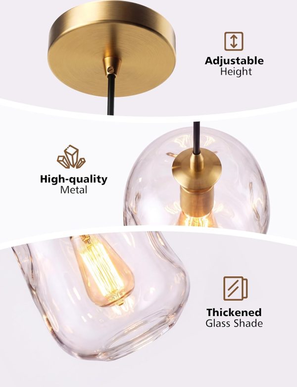 YKLITG 2 Pack Pendant Lights Kitchen Island, Gold Pendant Light Fixtures with Clear Thick Glass Shade, Modern Hanging Ceiling Lights for Kitchen, Bathroom, Bedroom and Dining Room