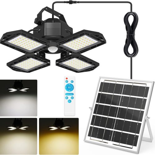 YKLITG Solar Outdoor Lights Solar Lights Indoor Motion Sensor Pendant Light 3 Colors 4-Leaf 4 Modes with Remote, 16.4ft Wire Waterproof Security Lamp for Garage Shed Home Barn Shop Gazebo(1 Pack)