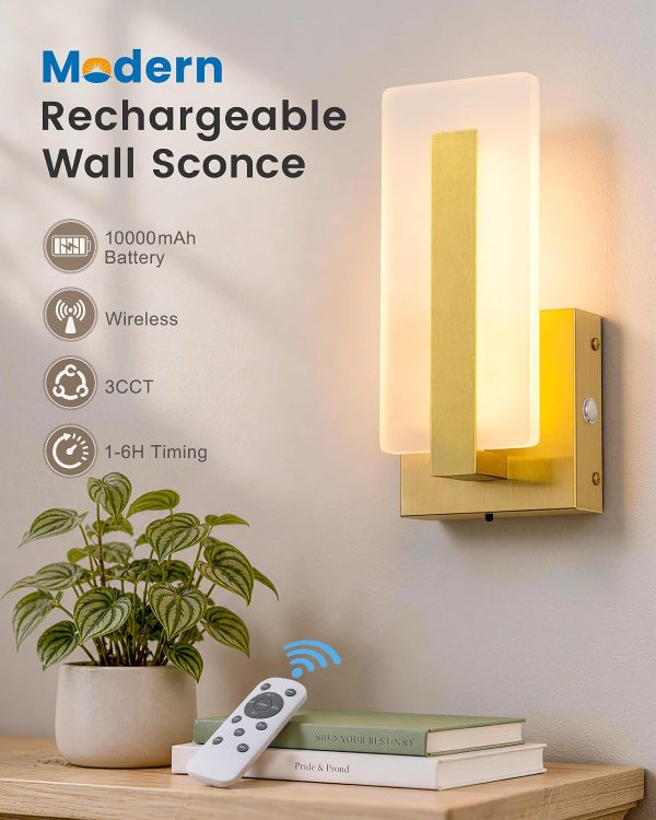 YKLITG Rechargeable Wall Sconces, 10000mAh Battery Operated Wall Sconce Set of 2, 3 Color Temps Wireless Wall Lights with Remote, Dimmable Wall Lamp for Living Room Bedroom Hallway