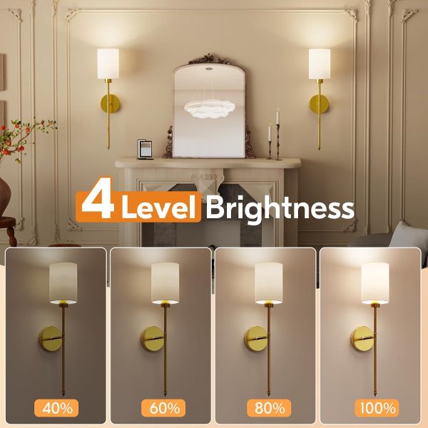 YKLITG 24 inch Battery Operated Wall Sconce Set of 2, Gold Wireless Rechargeable Wall Lights with 5200mAh Dimmable Detachable Bulbs and Remote, 9 Colors Sconces Wall Decor for Bedroom Living Room