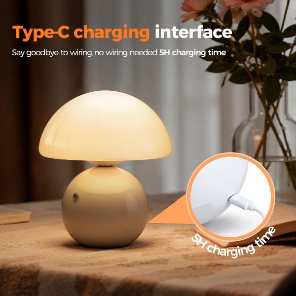 YKLITG Wireless Mushroom Lamp,Table Lamp for Bedroom, Portables Cordless Lamps,Wireless lamp,Small Bedside Table Touch Lamps for Living Room,Mini Mushroom 5200mAh Battery Operated Lamp Modern (White)