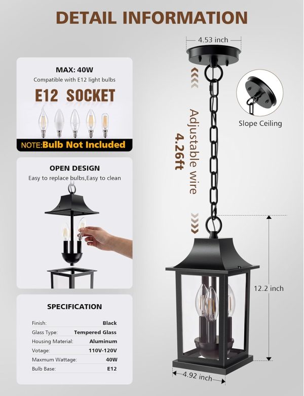 YKLITG Black Outdoor Pendant Light with 3 Light Sources, 12.2'' Modern Hanging Lantern Chandelier Fixture with Tempered Glass, Anti-Rust Aluminum Adjustable Chain for Porch,Patio,Entryway,Gazebo