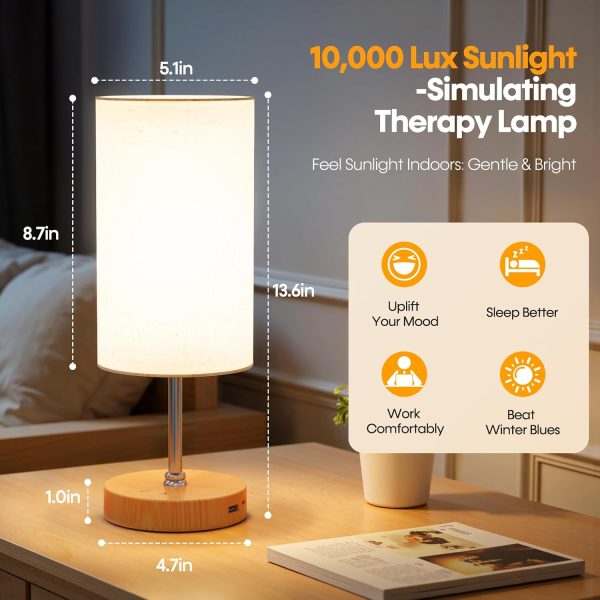 YKLITG Light Therapy Lamp,10000 Lux Sun Lamp with Remote,3 Color Temperatures & Stepless Dimming,Happy Sunlight Lamp with USB C & A Ports,UV-Free Full Spectrum Light for Home, Office