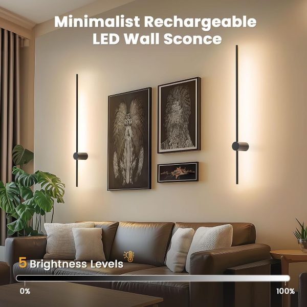 YKLITG 35.4 Inch Battery Operated Wall Sconce Set of 2,Black Minimalist Rechargeable LED Wall Lights with Remote, 10 Colors Dimmable Wireless Wall Sconce for Living Room Bedroom Hallway