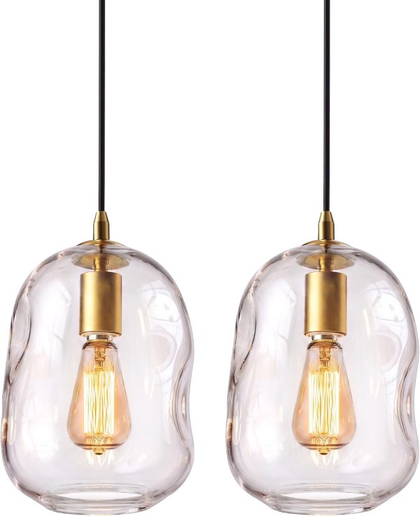 YKLITG 2 Pack Pendant Lights Kitchen Island, Gold Pendant Light Fixtures with Clear Thick Glass Shade, Modern Hanging Ceiling Lights for Kitchen, Bathroom, Bedroom and Dining Room