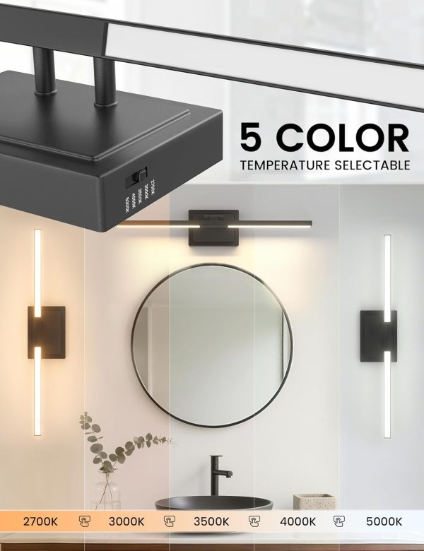 YKLITG 24 Inch Modern Bathroom Light Fixture, 24W 5CCT Dimmable LED Black Bathroom Vanity Lights Over Mirror, Vanity Lights for Bathrooms Restroom Mirror- ETL Certified