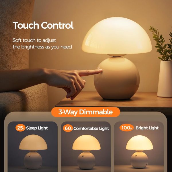 YKLITG Wireless Mushroom Lamp,Table Lamp for Bedroom, Portables Cordless Lamps,Wireless lamp,Small Bedside Table Touch Lamps for Living Room,Mini Mushroom 5200mAh Battery Operated Lamp Modern (White)