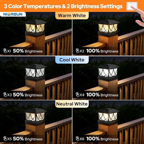 YKLITG 4x4 Post Solar Lights, 3 Color Temps & 2 Brightnesses, 8 Pack Black