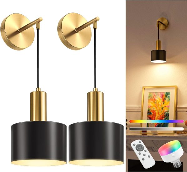 YKLITG Battery Operated Wall Sconce Set of 2, Gold & Black Wireless Rechargeable Wall Lights with 5200mAh Dimmable Detachable Bulbs and Remote, 9 Colors Sconces Wall Decor for Bedroom Living Room