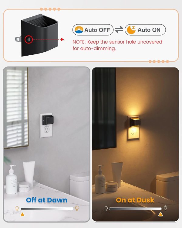 YKLITG Night Lights Plug Into Wall, Auto On/Off, 4 Pack, Black, 3000K