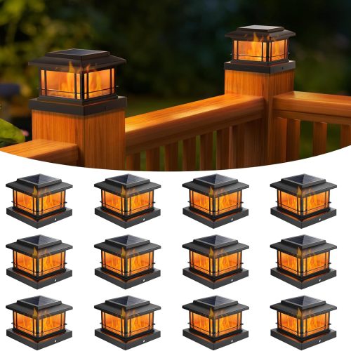YKLITG 4x4 Post Solar Lights with Flame Light &3 Color Temps,12 Pack Black