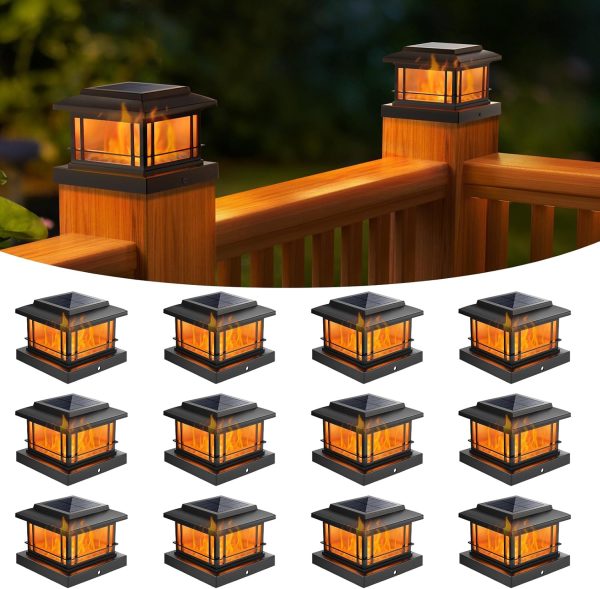 YKLITG 4x4 Post Solar Lights with Flame Light &3 Color Temps,12 Pack Black