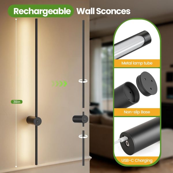 YKLITG Battery Operated Wall Sconce Set of 2, 39 Inch Wireless Wall Sconces with Remote, 3 Color Dimmable Rechargeable Wall Lights, 360 Rotate Detachable Sconces Wall Decor for Bedroom Living Room