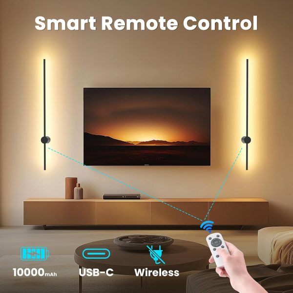 YKLITG 35.4 Inch Battery Operated Wall Sconce Set of 2,Black Minimalist Rechargeable LED Wall Lights with Remote, 10 Colors Dimmable Wireless Wall Sconce for Living Room Bedroom Hallway