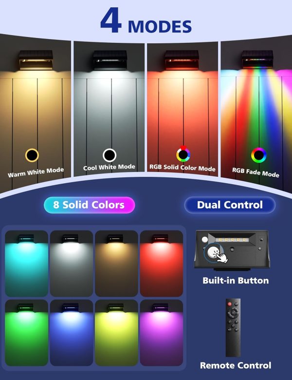 YKLITG LED Fence Lights Solar Powered with Remote 6 Pack, Solar Fence Lights Outdoor Waterproof with Warm/Cool White, RGB Colors, 6H Timer Solar Lights for Fence, Deck, Backyard, Railing,and Wall