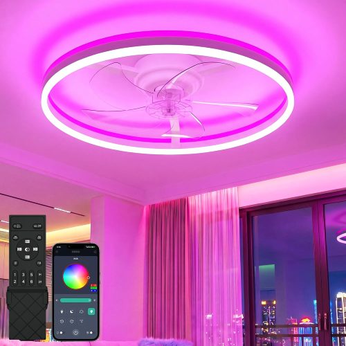 RGB Ceiling Fan with Light and Remote,20" Fandelier Smart Ceiling Fan,White